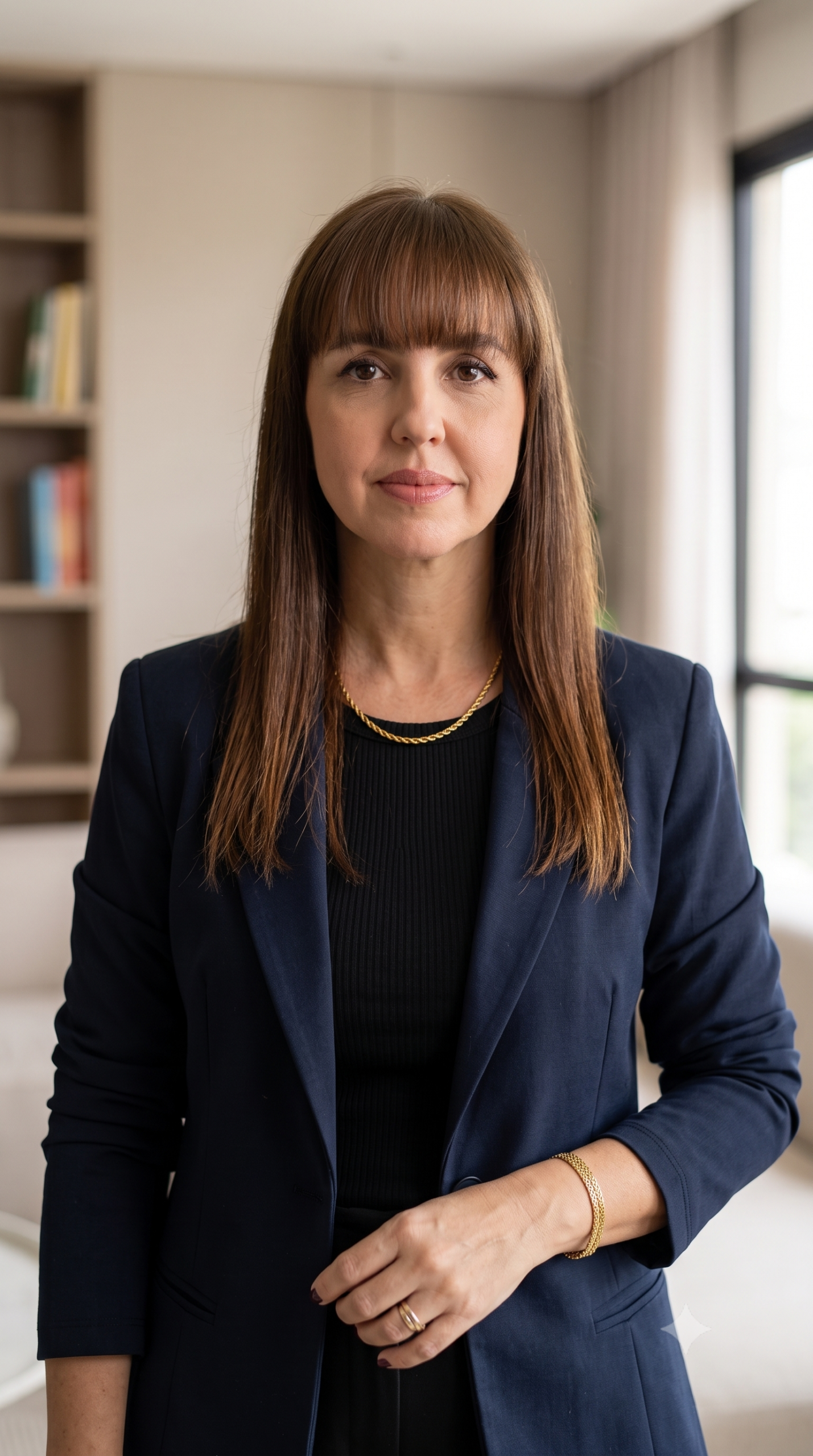 Juliana Pierozan, professora de inglês, em pé, blazer azul-marinho